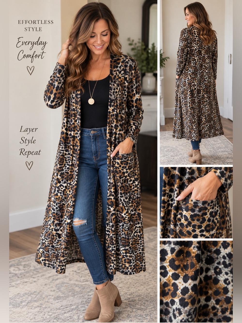 LuLaRoe Sarah S Leopard Animal Print Long Duster Cardigan Pockets